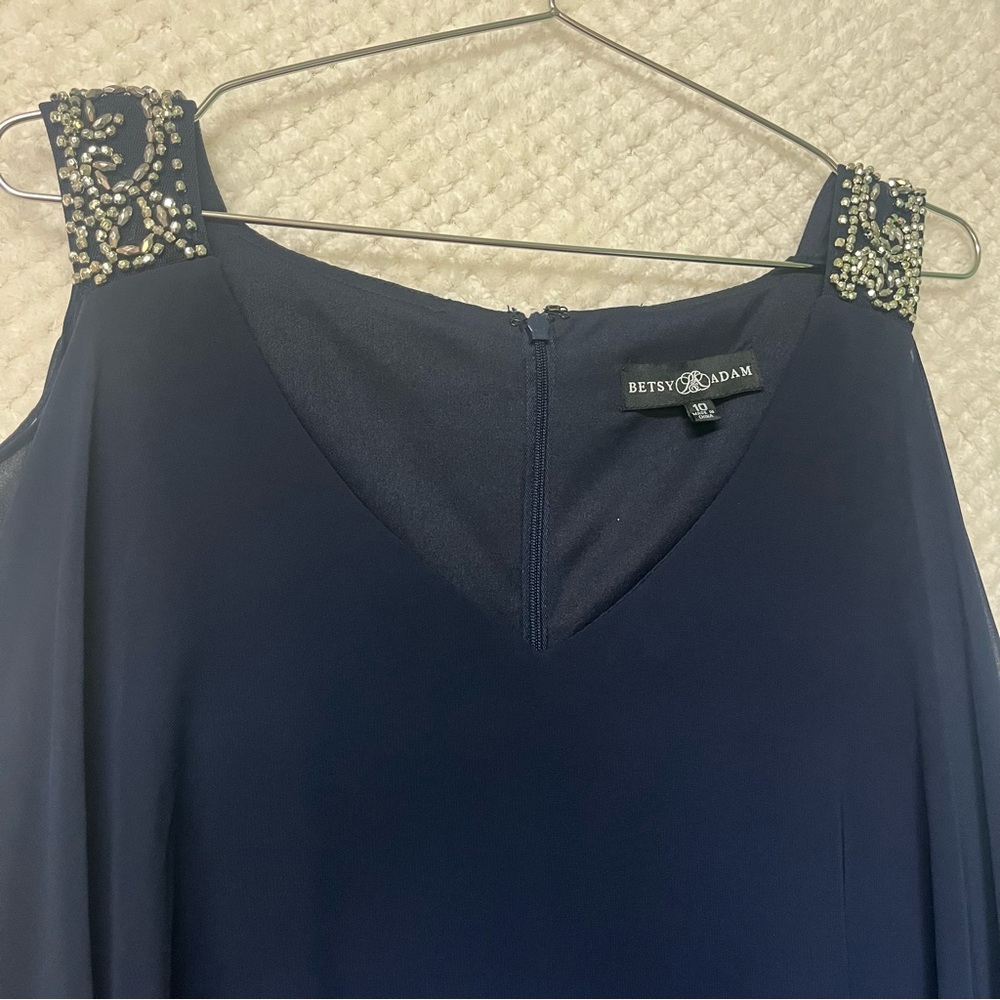 Betsy & Adam Navy Blue Cold Shoulder Popover Dress Embellished Cuffs Size 10 - Picture 3 of 12